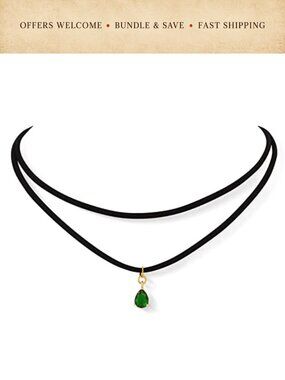 Layered Black Faux Leather Choker Necklace Glass Teardrop Pendant